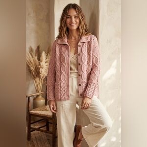 Cladyknit Irish Wool Cableknit Cardigan Dusty Pink Chunky Knit Fisherman Sweater